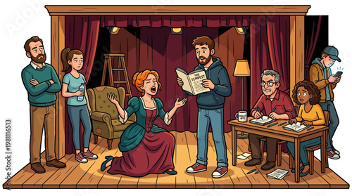 Community theater actors rehearsing Shakespeare's The Tempest play during an audition cartoon illustration