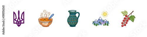 Ukraine Culture and Traditions Symbols with Inky Pencil Texture and Crayon Colorful Style