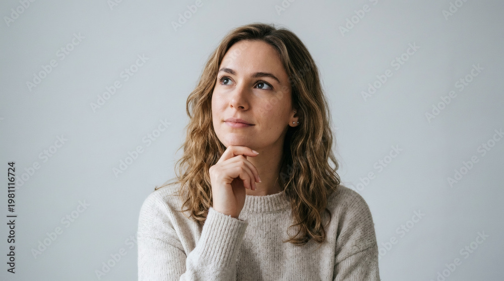 Obraz premium Photograph of a Caucasian woman with light brown, wavy hair, wearing a beige sweater, thoughtfully resting her chin on her hand against a plain light gray background.
