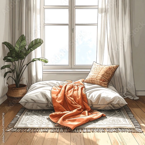 Cozy room scene with a sunny window, pillow, blanket, plant, and rug