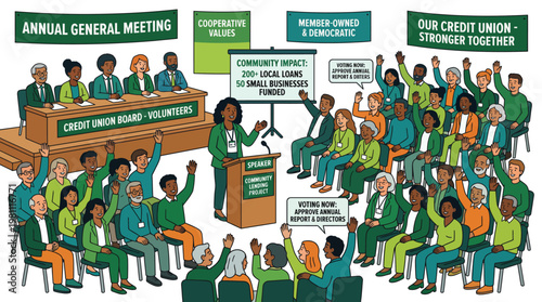 Credit Union Annual General Meeting Illustration with Members Voting and Board Presentation Scene