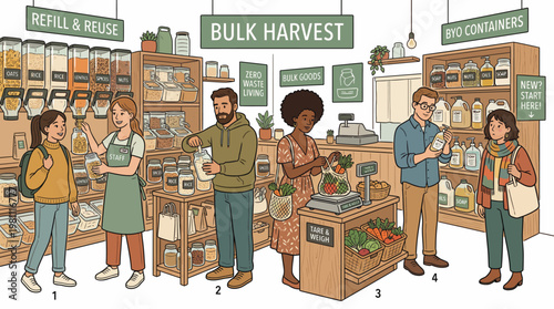 Diverse people shopping at a zero waste bulk refill grocery store with reusable containers
