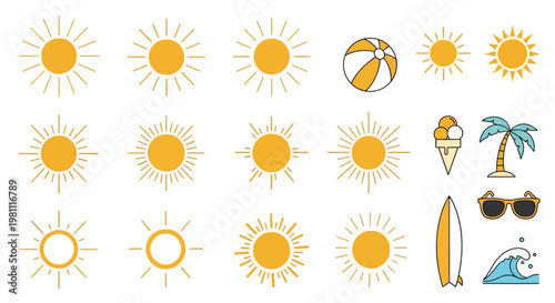 Sunny Sun Icon Set With Beach Elements.