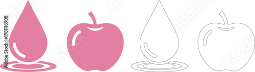 Pink water drop and apple silhouettes with outlines
