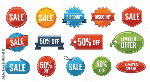Colorful sale badges and discount tags on labels.