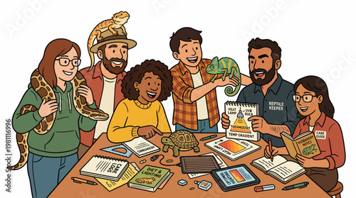 Diverse group of people learning about reptile husbandry and exotic pet care at workshop