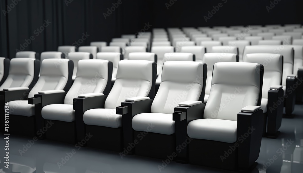 Fototapeta premium Clean white seats are arranged in neat rows inside a dark theater or cinema hall. The empty chairs offer a modern and minimalist feel, perfect for presentations or events.