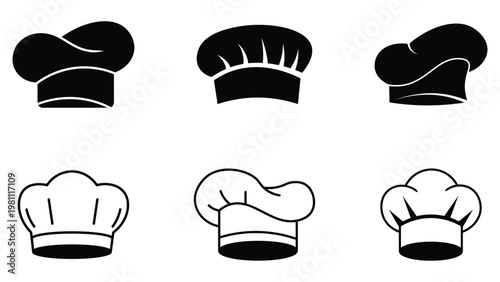 Collection of black and white chef hats in various style. Professional cooking symbols, food industry illustrations. Set of minimalist culinary logos with chef hats. Vector illustration. 