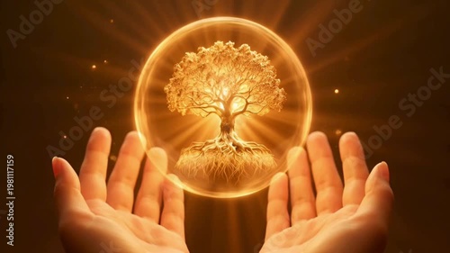 Hands holding a glowing golden tree with roots inside a radiant orb
