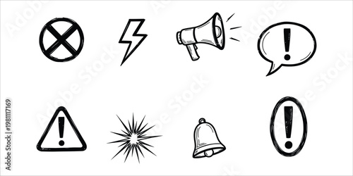 Collection of hand drawn warning and alert symbols in black and white