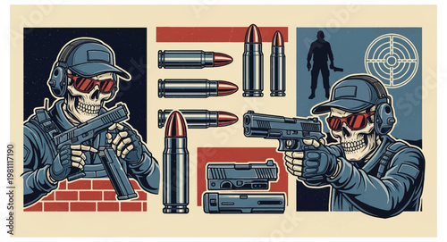 Skeleton wearing sunglasses and holding a pistol in each hand, with ammunition and shooting target in background vector design illustration