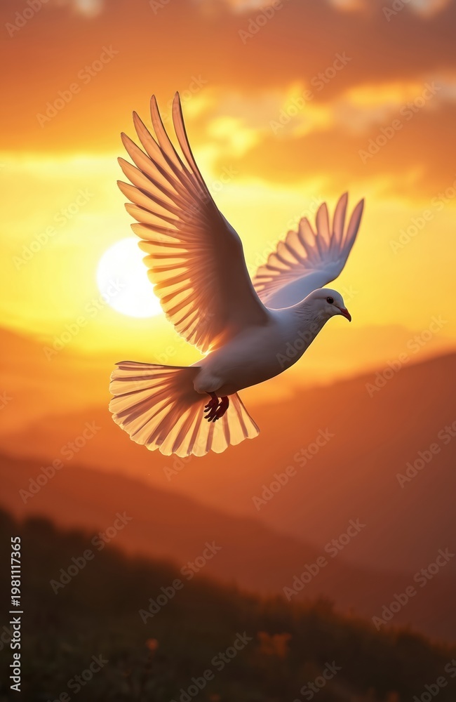 Obraz premium White dove flies against bright orange sunset sky over misty mountains. Bird spreads wings upward, symbolizing hope freedom and peace. Soft light illuminates feathers.