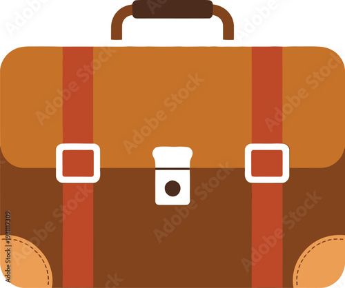 Vintage Brown Leather Briefcase with Orange Straps and Buckles, Classic Business Bag Illustration, Retro Style Office Accessory, Professional Corporate Concept for Travel and Work