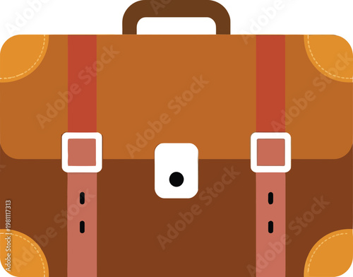 Vintage Brown Leather Briefcase with Orange Straps and Buckles, Classic Business Bag Illustration, Retro Style Office Accessory, Professional Corporate Concept for Travel and Work