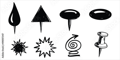 Hand drawn black and white sketch of various pin and shape designs
