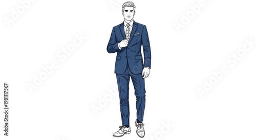 A stylish man in a blue suit and tie is standing confidently with one hand adjusting his tie.