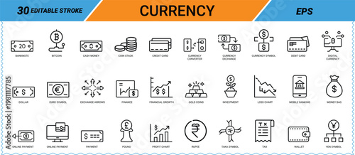 Currency and finance line icons set including money banking and economy symbols