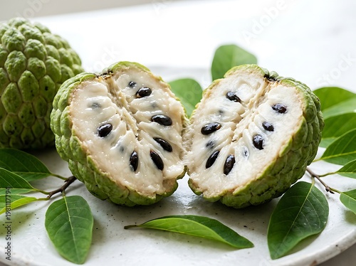 Custard apple fruit cut in half with seeds and leaves on a white plate  tropical dessert  sweets  exotic  healthy eating  sugar apple