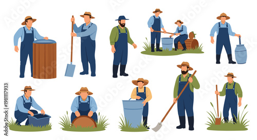 Rural men wearing straw hats and denim overalls perform various agricultural tasks, including tending to barrels, using shovels, carrying milk cans, and working with buckets,