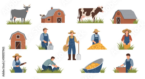 Farmhouse scene featuring diverse agricultural workers tending livestock and harvesting crops, depicting rural life with cows, barns, and bountiful produce in a clean, scalable