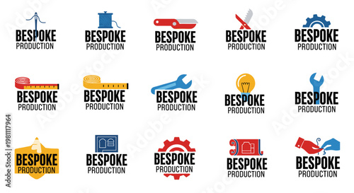 Collection of clean vector logos featuring sewing needle, thread spool, cutter, saw, gear, measuring tape, wrench, lightbulb, blueprint, and hands crafting, symbolizing bespoke