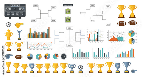 Golden trophies, footballs, whistles, scoreboards, and various charts including bar graphs, pie charts, and line graphs, representing competition, achievement, sports analytics,