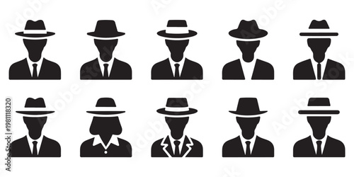 Set of Silhouette Icons of People in Hats and Suits, Anonymous User Avatars