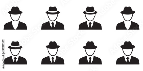 Anonymous Man in Suit and Hat Silhouette Icon Set