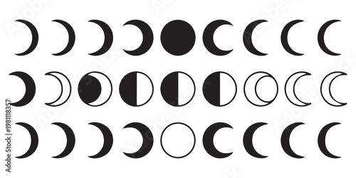 Comprehensive Moon Phase Icon Collection in Black Silhouette