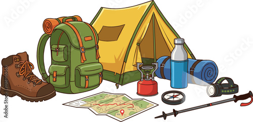 Set of Camping and Hiking Gear Including Tent, Backpack, Boots, Map, Water Bottle, and Essential Equipment