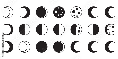 Moon Phases Icon Set in Black and White Minimalist Style