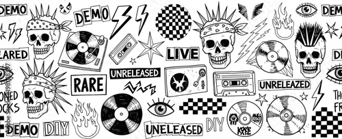 Set of 16 Grunge Music and Punk Style Icons Including Skulls, Vinyl Records, Cassette Tapes, and Lightning Bolts
