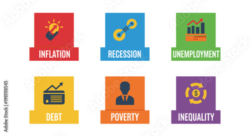Comprehensive collection of six distinct flat vector icons representing critical economic challenges: inflation with rising lightbulb, recession symbolized by a broken chain,