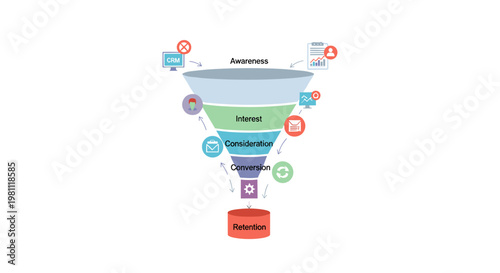 Marketing sales funnel diagram showing stages: awareness, interest, consideration, conversion, and retention with icons representing crm, analytics, email, and customer loyalty.