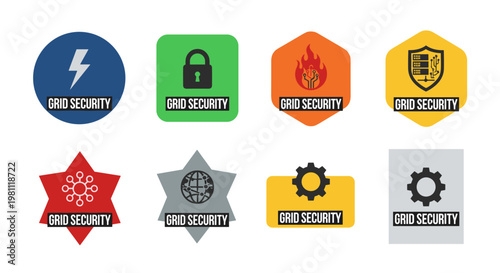 Collection of modern vector icons representing grid security concepts: a lightning bolt, padlock, circuit board aflame, shield with server racks, interconnected nodes, globe