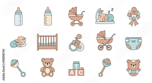 Charming collection of newborn essentials featuring a baby bottle, sleeping infant, crib, teddy bear, rattle, baby carriage, diaper, and building blocks in a soft pastel palette