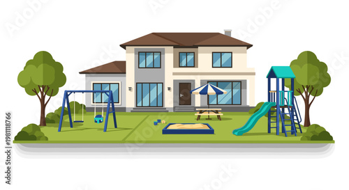 Spacious modern dwelling featuring a vibrant green lawn, complete with a blue swing set, a turquoise slide structure, and a sandpit, all set against a clear sky.