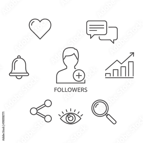 Outline icons: followers heart chat graph