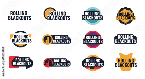 Collection of modern circular and rectangular emblems featuring bold dark blue text 'rolling blackouts' set against vibrant yellow, teal, red, purple, and orange abstract shapes