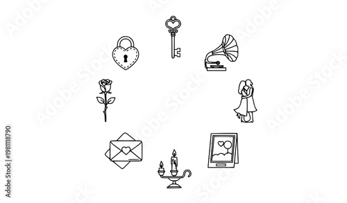 Vintage romantic love icon set with heart padlock keys gramophone and couple silhouette vector illustration