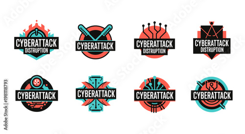 Set of eight distinct cyberattack disruption emblems featuring clean geometric shapes, bold coral, teal, and black color palettes, showcasing digital security threats and scalable