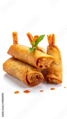 Crispy spring rolls with shrimp, mint garnish, and sauce droplets on a white background