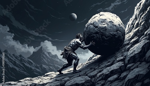 Man pushes large stone up mountain slope under dark sky with moon. This illustration symbolizes struggle and effort against insurmountable odds.