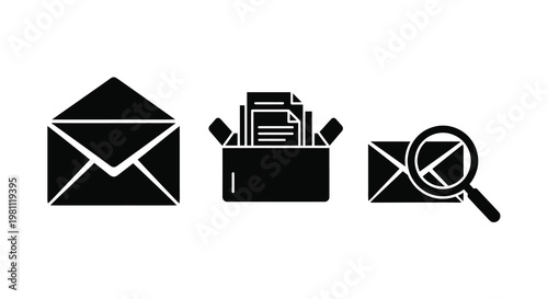 Communication icons representing mail inbox and investigation silhouette