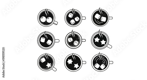 Top view coffee cup icons with marshmallows and stars vector illustration set for winter drinks and cocoa menu design black and white overhead perspective icons