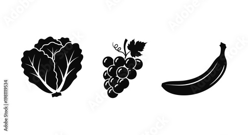 Black and white illustration of produce in a striking silhouette