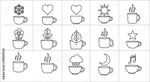 Collection of coffee cups with seasonal symbols and weather icons including sun moon heart flower and snowflake for varied daily beverage concepts and moods