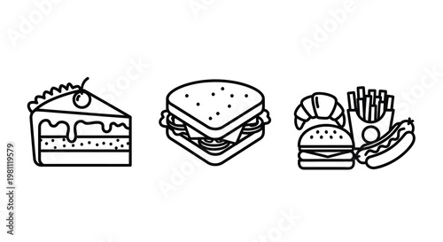 Line art depictions of cake burger and hotdog with fries silhouette