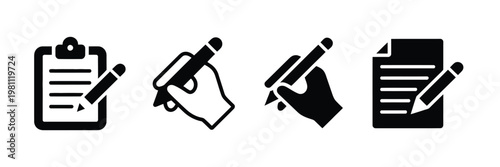 Copywriting line icon set, vector illustrations featuring text web, clipboard, pencil, words, notepad, and handwriting on document symbols, ideal for writing, content creation