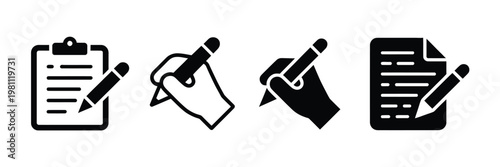 Copywriting line icon set, vector illustrations featuring text web, clipboard, pencil, words, notepad, and handwriting on document symbols, ideal for writing, content creation